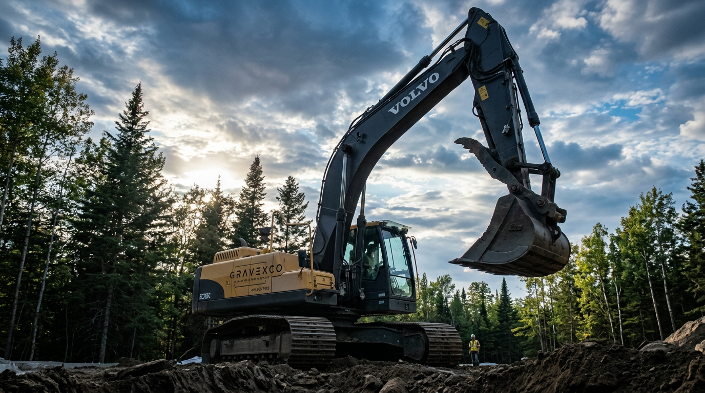 Excavatrice Gravexco en action dans la forêt de Charlevoix